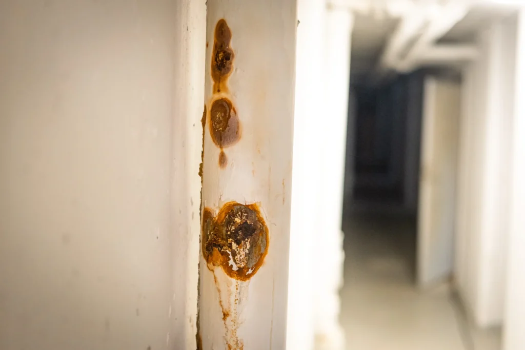 Nærbilde av en rusten metallsøyle i en svakt opplyst, smal korridor, som minner om en kostnadssluk. Rusten danner sirkulære flekker på den hvitmalte overflaten. Den uskarpe bakgrunnskorridoren avslører delvis åpne dører på hver side.