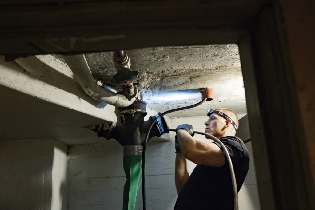 En rørlegger med hodelykt jobber i en svakt opplyst kjeller og inspiserer og reparerer vannrør i taket. Han holder en lommelykt og verktøy, konsentrert på vedlikeholdsoppgaven.