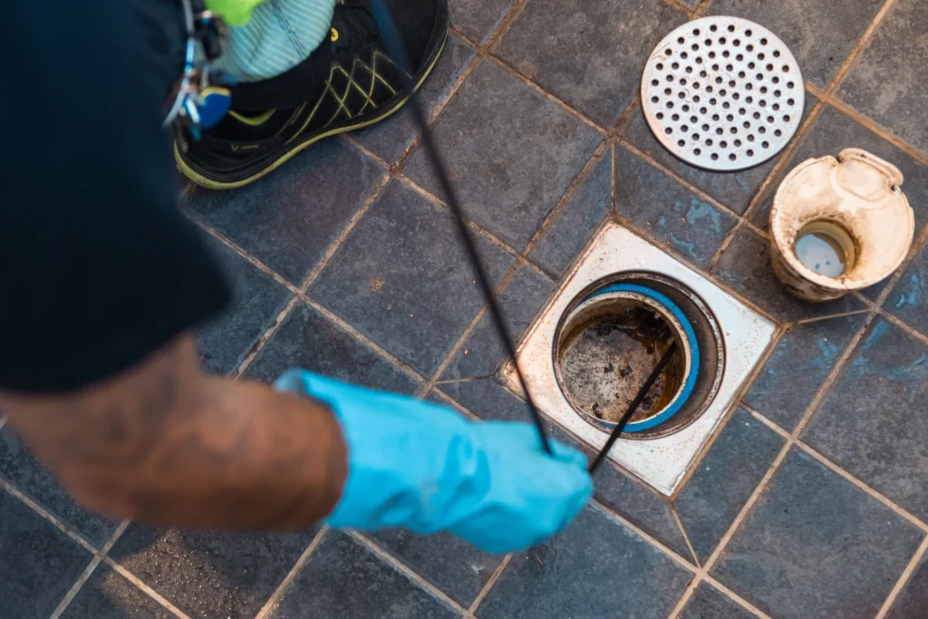 En person som har på seg blå hansker og svarte sko, renser omhyggelig et firkantet sluk ved hjelp av et langt verktøy. Avløpet, penger spart ved siden av mørke fliser, har en liten rund beholder og sirkulær ventil i nærheten.