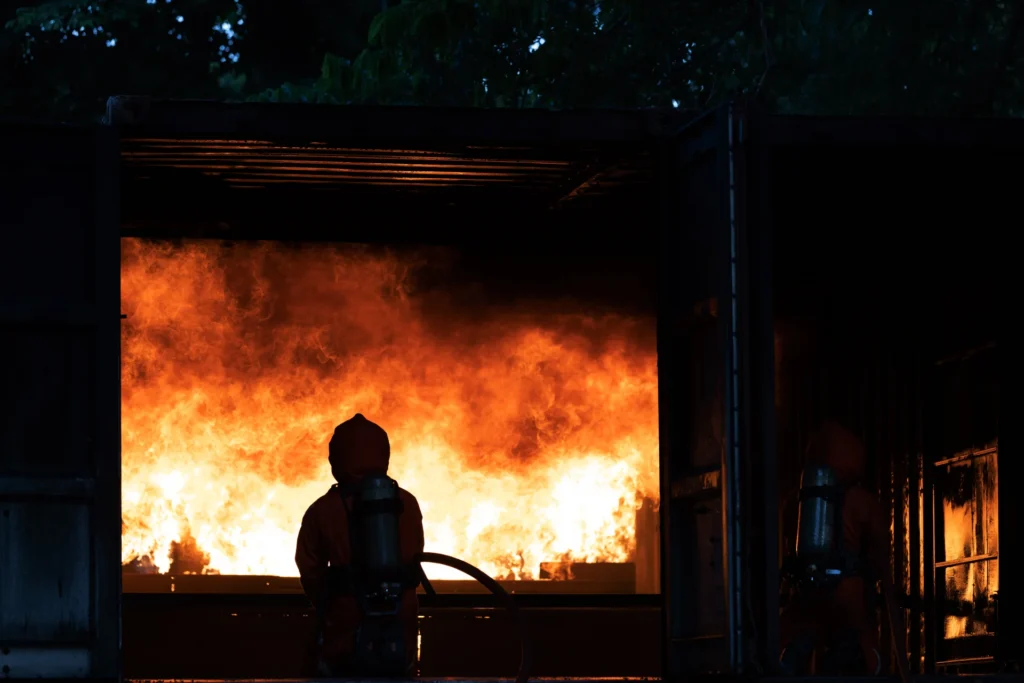 En brannmann i verneutstyr og hjelm, som holder en slange, står overfor en stor brann inne i en fraktcontainer. De intense flammene lyser opp de mørke omgivelsene, og fremhever behovet for Brannisolerer ventilasjonskanalene for å hindre videre spredning, og skaper en dramatisk kontrast.
