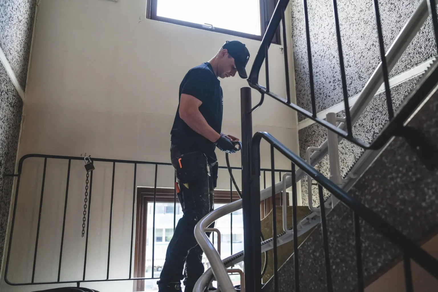 En person i tilfeldig arbeidsantrekk står på en trapp, fokusert på et verktøy i hendene. Scenen, opplyst av et stort vindu bak dem, er omgitt av metallrekkverk – en typisk dag på Rørfornying Holmenhaugen.