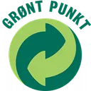 Green Dot-logo med to sammenlåsende grønne piler som danner en sirkel, som symboliserer resirkulering og bærekraft. Teksten Der Grüne Punkt er over sirkelen. Designet er enkelt og fokusert på å formidle et miljøbudskap.