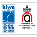 Logoer for sertifiseringer og akkrediteringer. Til venstre: Kiwa-logo med en seglomriss, sertifisert tekst og ISO 9001, ISO 14001, ISO 45001 oppført. Til høyre: Norsk akkrediteringsemblem med stilisert a, krone og MSYS 004-tekst.