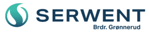 Logo med stilisert blågrønn og mørk blågrønn flamme til venstre for teksten SERWENT med fete, store bokstaver. Under, med mindre skrift, står ordene Brdr. Grønnerud i mørkeblått.