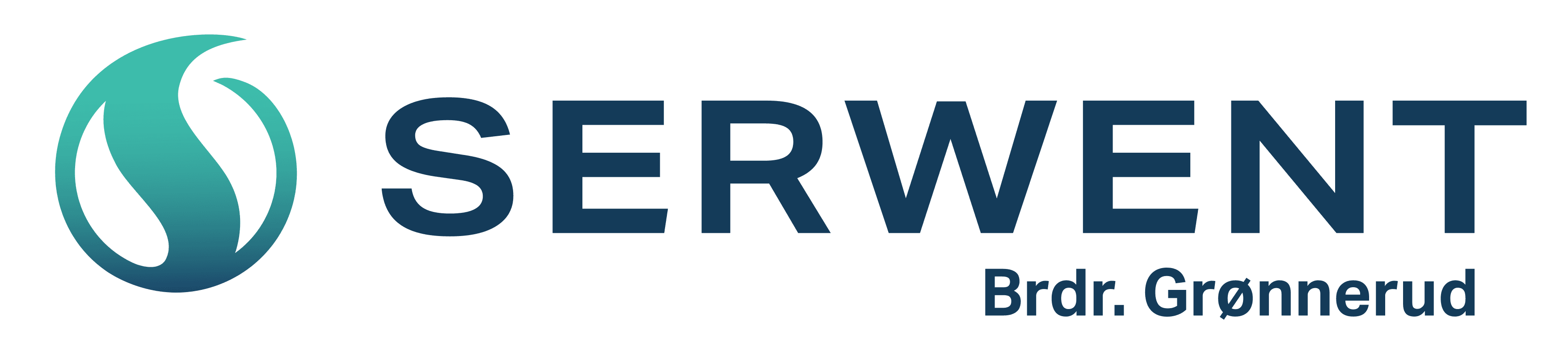 Logo med stilisert blågrønn og mørk blågrønn flamme til venstre for teksten SERWENT med fete, store bokstaver. Under, med mindre skrift, står ordene Brdr. Grønnerud i mørkeblått.