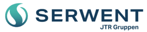 Logoen til SERWENT JTR Gruppen med et stilisert blått og blågrønt virveldesign på venstre side, etterfulgt av navnet SERWENT med fete blå bokstaver, og JTR Gruppen i mindre tekst under.