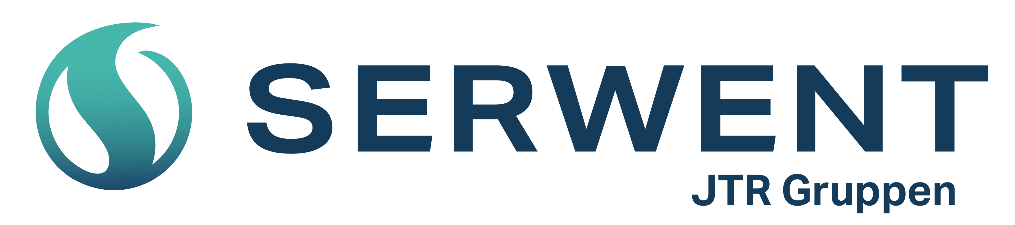 Logoen til SERWENT JTR Gruppen med et stilisert blått og blågrønt virveldesign på venstre side, etterfulgt av navnet SERWENT med fete blå bokstaver, og JTR Gruppen i mindre tekst under.