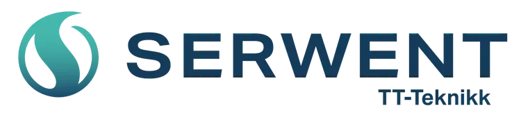 TT_Teknikk_Logo Logo med en stilisert turkis og blå abstrakt form på venstre side, som ligner en swoosh eller bånd, ved siden av teksten SERWENT med fete blå bokstaver, med IT Polska i mindre skrift under.