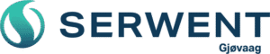 Logo med et stilisert blågrønt og hvitt vanndråpesymbol til venstre for ordet «SERWENT» med fet skrift i store blå bokstaver, med «Gjøvaag» i mindre blå tekst under til høyre.