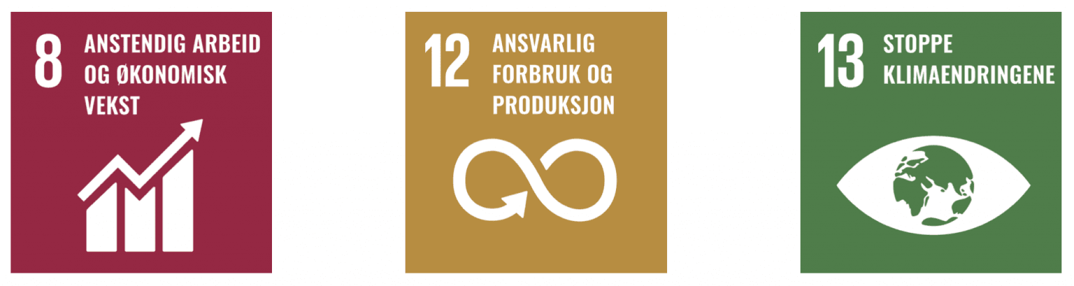 Tre ikoner som representerer FNs bærekraftsmål fremhever Holdbarhet: 8 (Anstendig arbeid og økonomisk vekst, med et stigende søylediagram), 12 (Ansvarlig forbruk og produksjon, med en sirkulær pil) og 13 (Klimatiltak, med et øye og jorden).