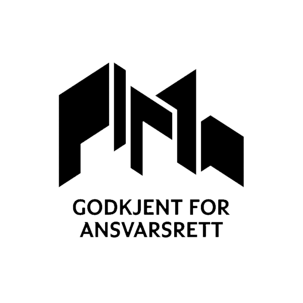 Svart geometrisk logo som ligner stiliserte bygninger over den norske teksten GODKJENT FOR ANSVARSRETT på hvit bakgrunn, som indikerer godkjenning av sertifikat och tillstånd.