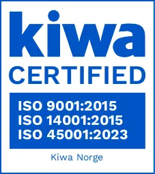 Blå og hvit logo med tekst: kiwa CERTIFIED, ISO 9001:2015, ISO 14001:2015, ISO 45001:2023, Certifikat och tillstånd, og Kiwa Norge nederst.