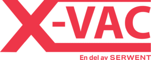 Rød X-VAC-logo med En del av SERWENT i mindre rød tekst under, på lysegrå bakgrunn.